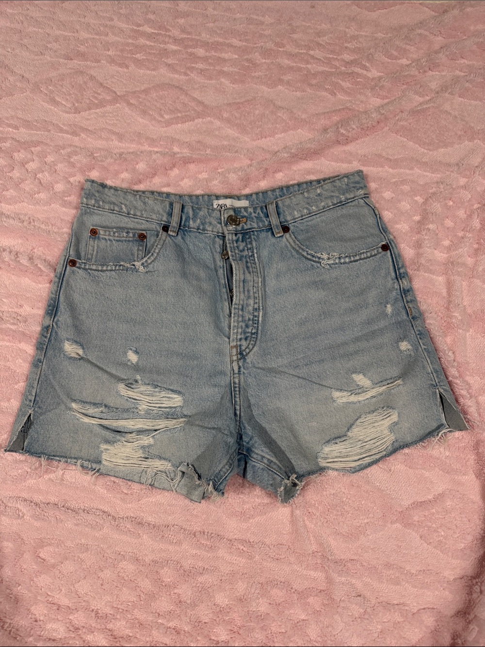 Zara Light Blue Distressed Denim Shorts